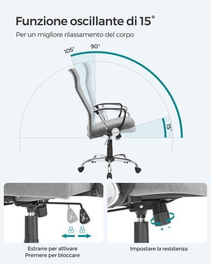 Sedia da Ufficio, Sedia da Scrivania, Ergonomica, Sedia Girevole, Regolabile in Altezza e Inclinabile, Grigio, Songmics, 3