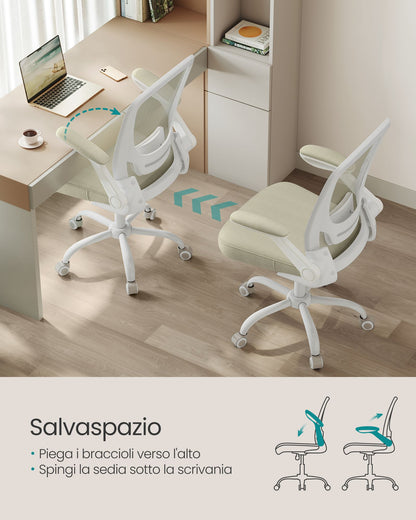 Sedia da Scrivania, Sedia Ufficio Ergonomica, Sedia Girevole, Supporto Lombare, Oscillante, Seduta 53cm, Beige, Songmics, 3