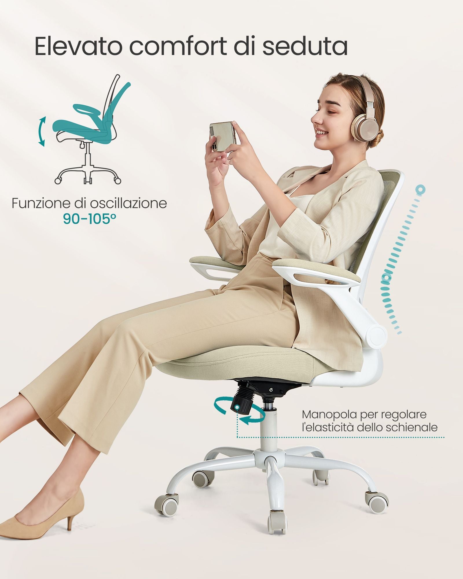 Sedia da Scrivania, Sedia Ufficio Ergonomica, Sedia Girevole, Supporto Lombare, Oscillante, Seduta 53cm, Beige, Songmics, 4