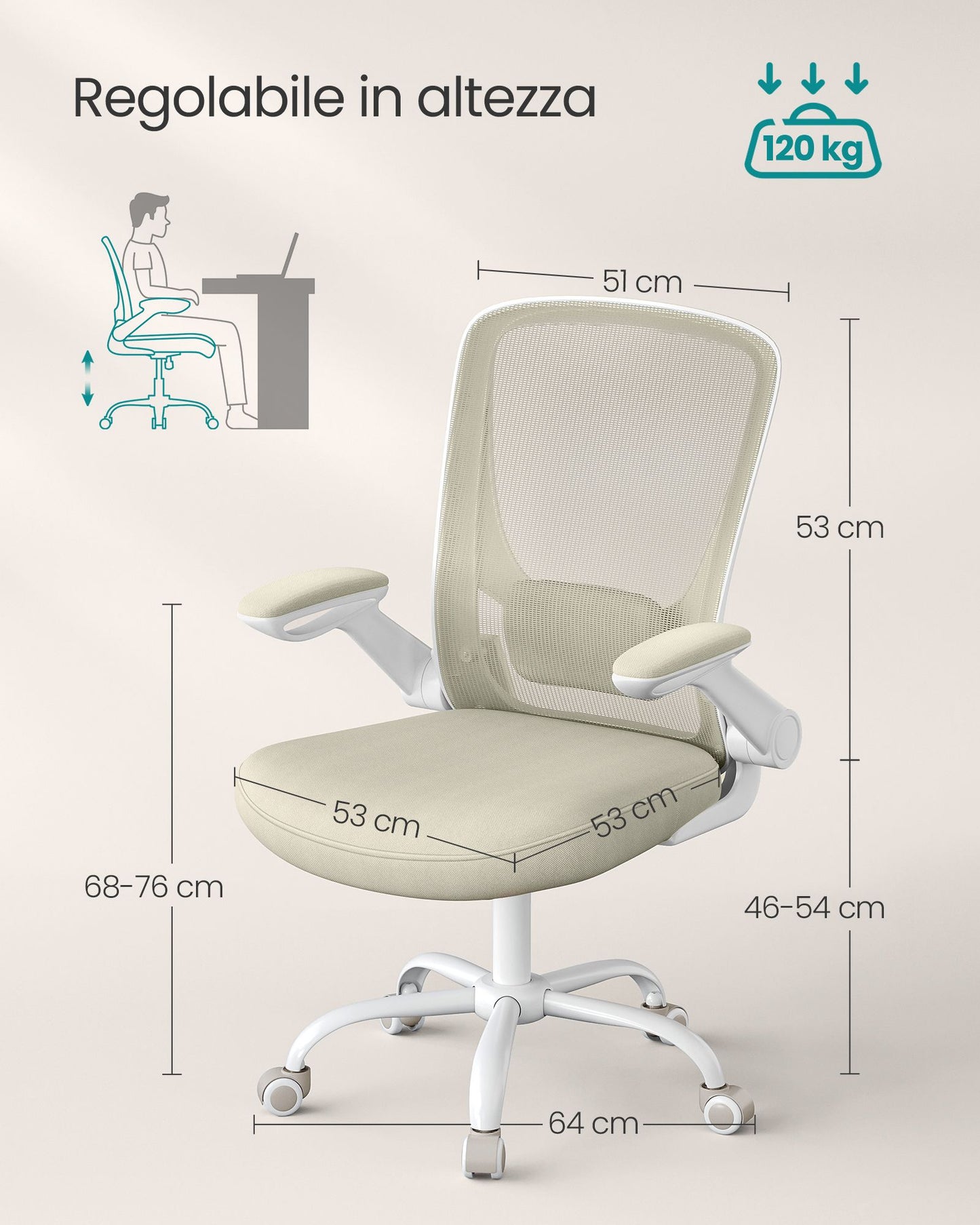 Sedia da Scrivania, Sedia Ufficio Ergonomica, Sedia Girevole, Supporto Lombare, Oscillante, Seduta 53cm, Beige, Songmics, 5