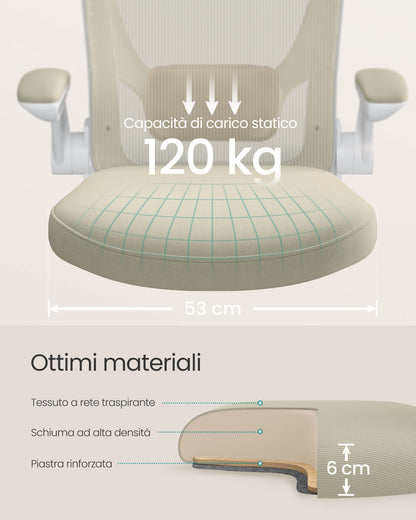 Sedia da Scrivania, Sedia Ufficio Ergonomica, Sedia Girevole, Supporto Lombare, Oscillante, Seduta 53cm, Beige, Songmics, 6