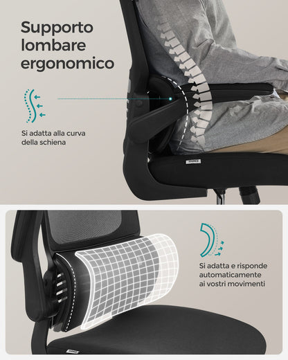 Sedia da Scrivania, Sedia Ufficio Ergonomica, Schienale Alto, Braccioli Ribaltabili, Supporto Lombare, Nero, Songmics, 3