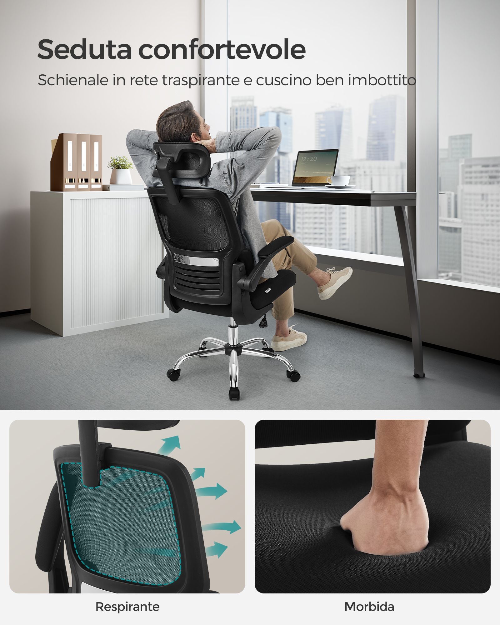 Sedia da Scrivania, Sedia Ufficio Ergonomica, Schienale Alto, Braccioli Ribaltabili, Supporto Lombare, Nero, Songmics, 4