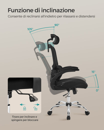 Sedia da Scrivania, Sedia Ufficio Ergonomica, Schienale Alto, Braccioli Ribaltabili, Supporto Lombare, Nero, Songmics, 5