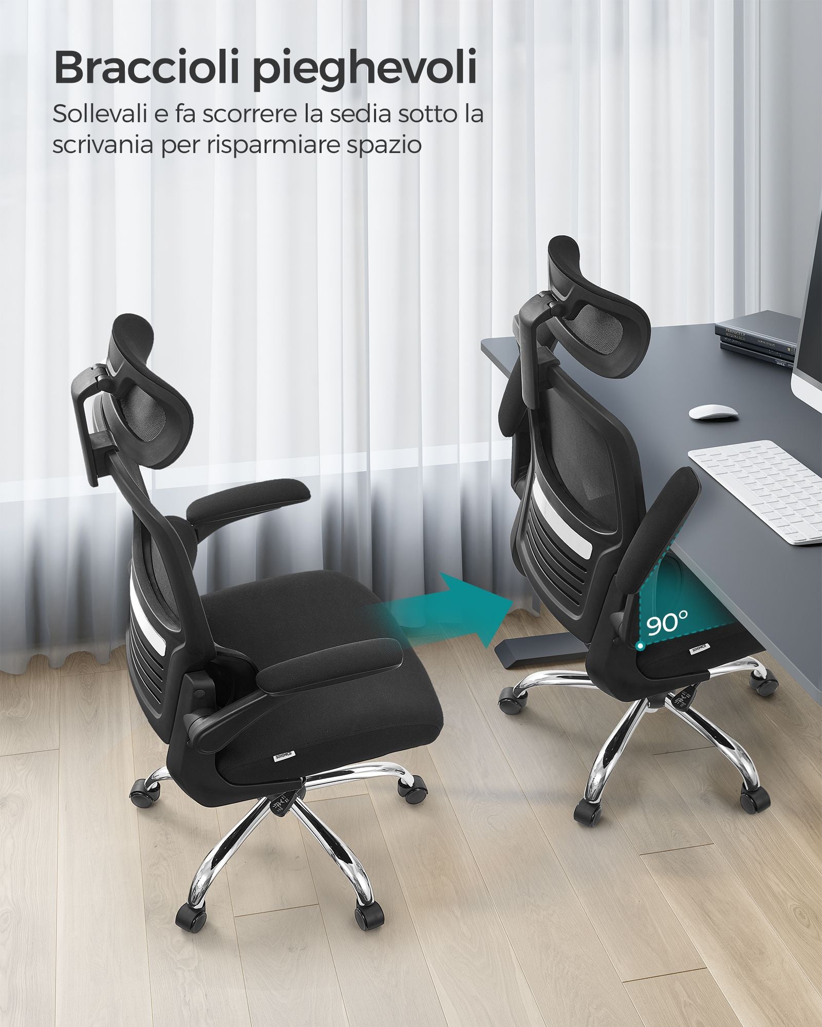 Sedia da Scrivania, Sedia Ufficio Ergonomica, Schienale Alto, Braccioli Ribaltabili, Supporto Lombare, Nero, Songmics, 7