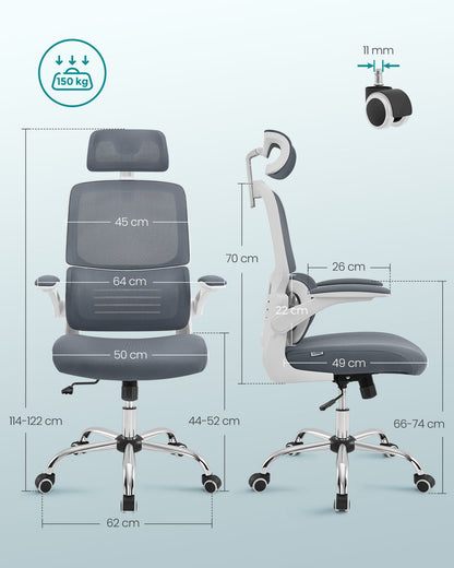 Sedia da Scrivania, Sedia Ufficio Ergonomica, Schienale Alto, Braccioli Ribaltabili, Supporto Lombare, Grigio, Songmics, 8