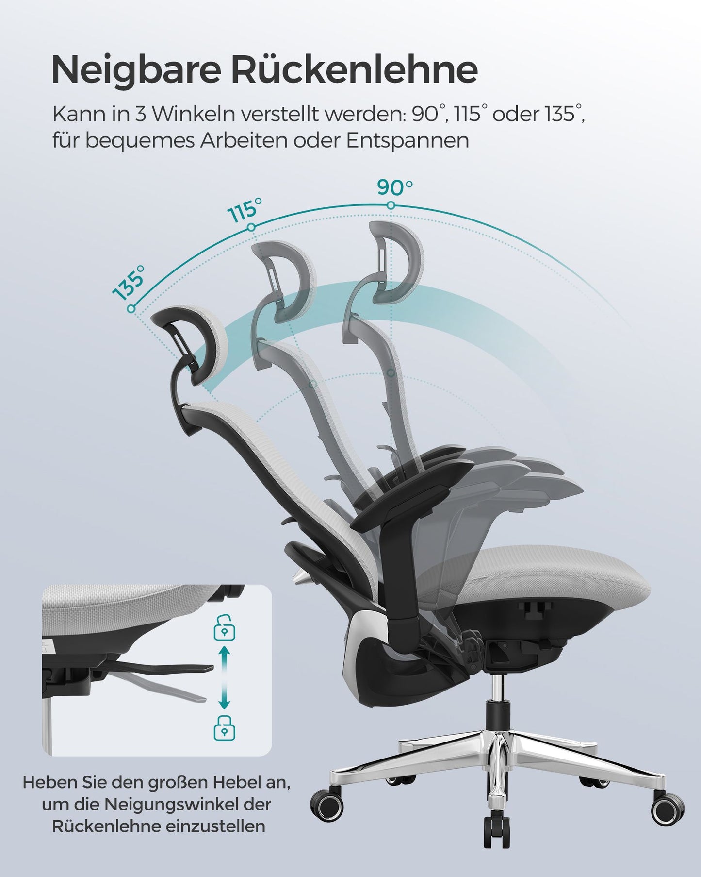 Sedia da Ufficio, Sedia da Scrivania, Sedia Ufficio Ergonomica, Sedile regolabile in avanti o indietro, Grigio, Songmics, 5