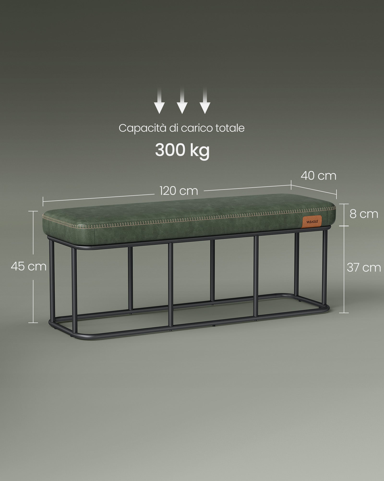Panca, Seduta, Panchina letto, Panca da Ingresso, PU con Cuciture, Struttura in acciaio, Portata 300 kg, Verde, Vasagle, 6