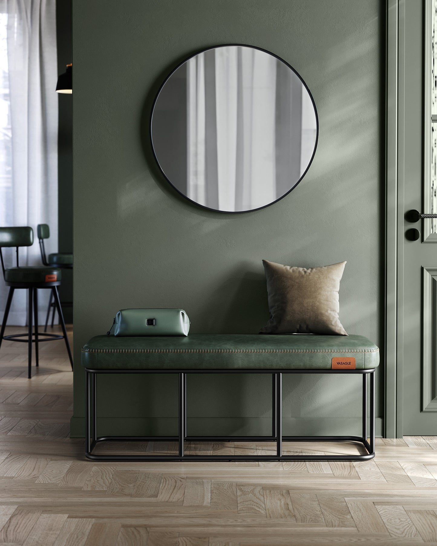Panca, Seduta, Panchina letto, Panca da Ingresso, PU con Cuciture, Struttura in acciaio, Portata 300 kg, Verde, Vasagle, 2