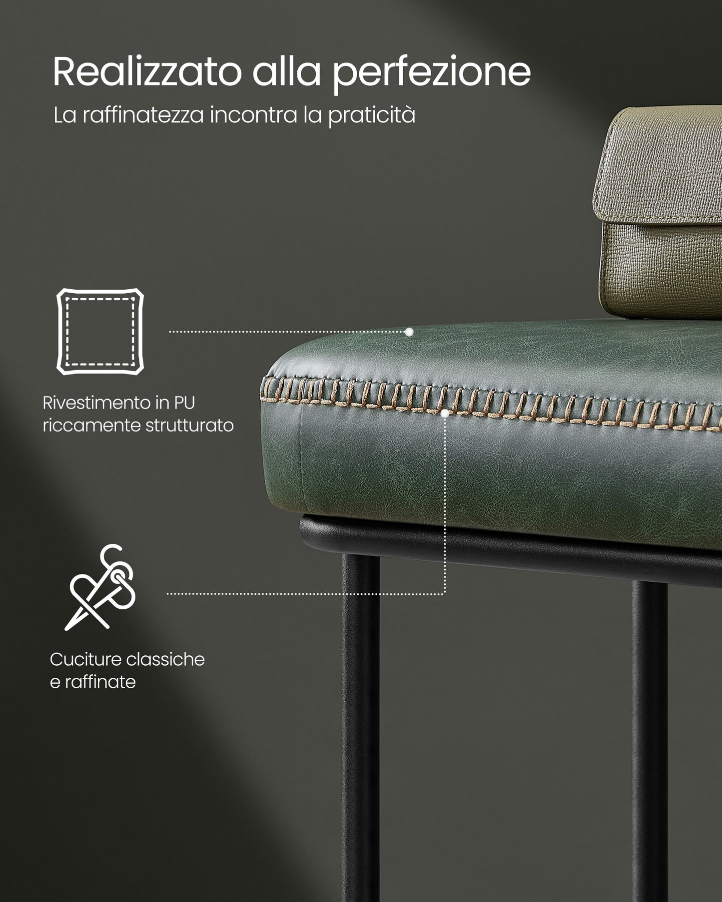 Panca, Seduta, Panchina letto, Panca da Ingresso, PU con Cuciture, Struttura in acciaio, Portata 300 kg, Verde, Vasagle, 3