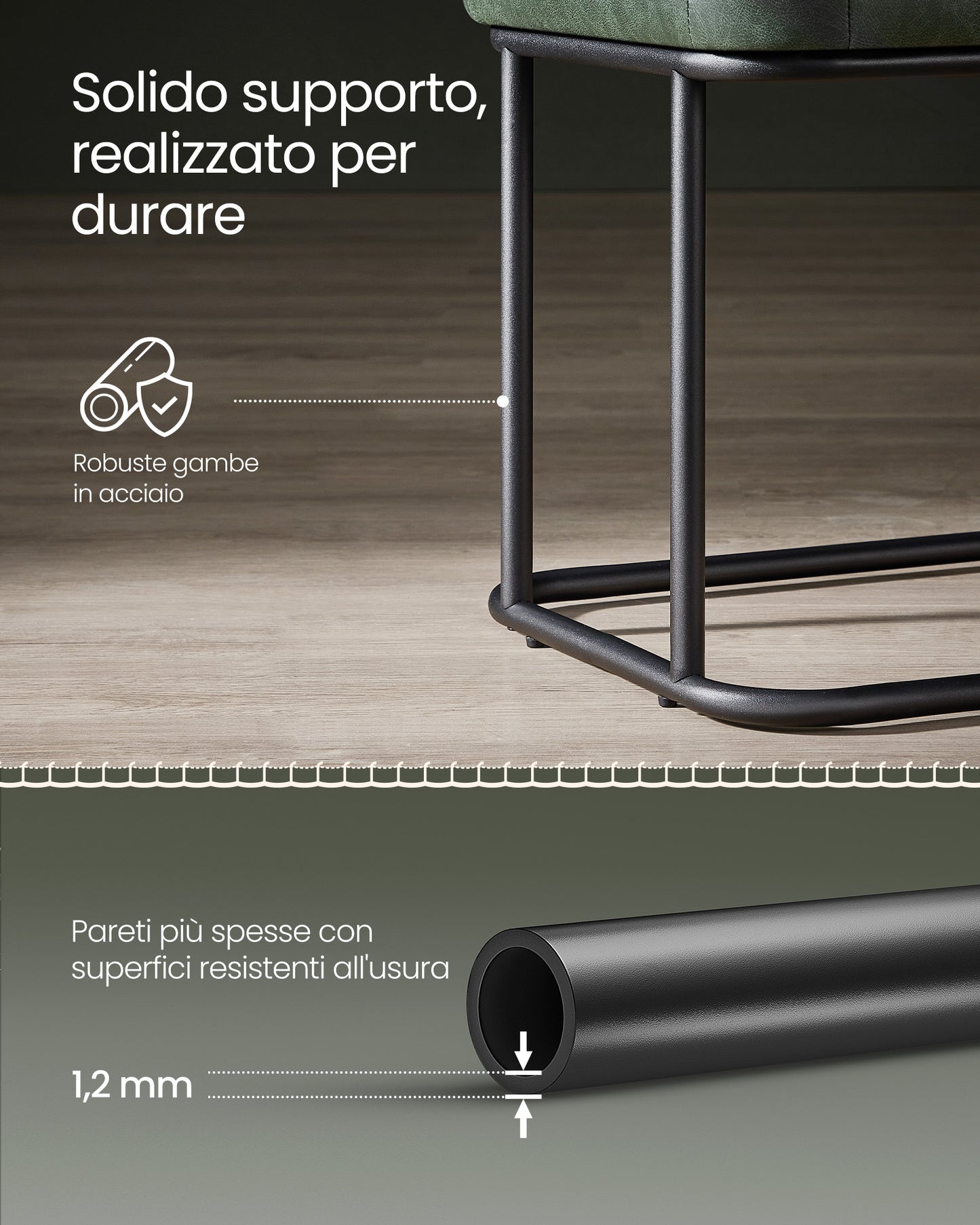 Panca, Seduta, Panchina letto, Panca da Ingresso, PU con Cuciture, Struttura in acciaio, Portata 300 kg, Verde, Vasagle, 4