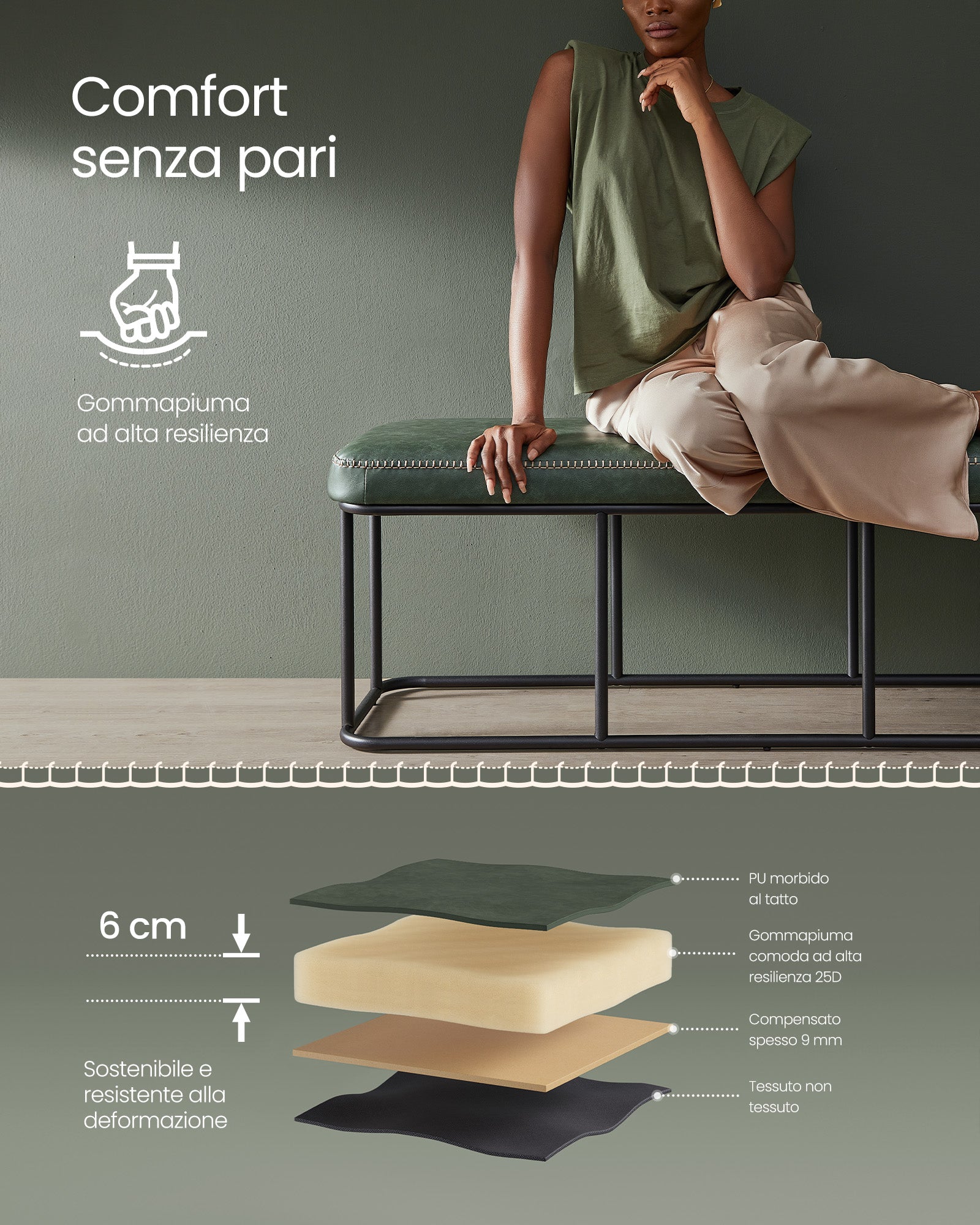 Panca, Seduta, Panchina letto, Panca da Ingresso, PU con Cuciture, Struttura in acciaio, Portata 300 kg, Verde, Vasagle, 5