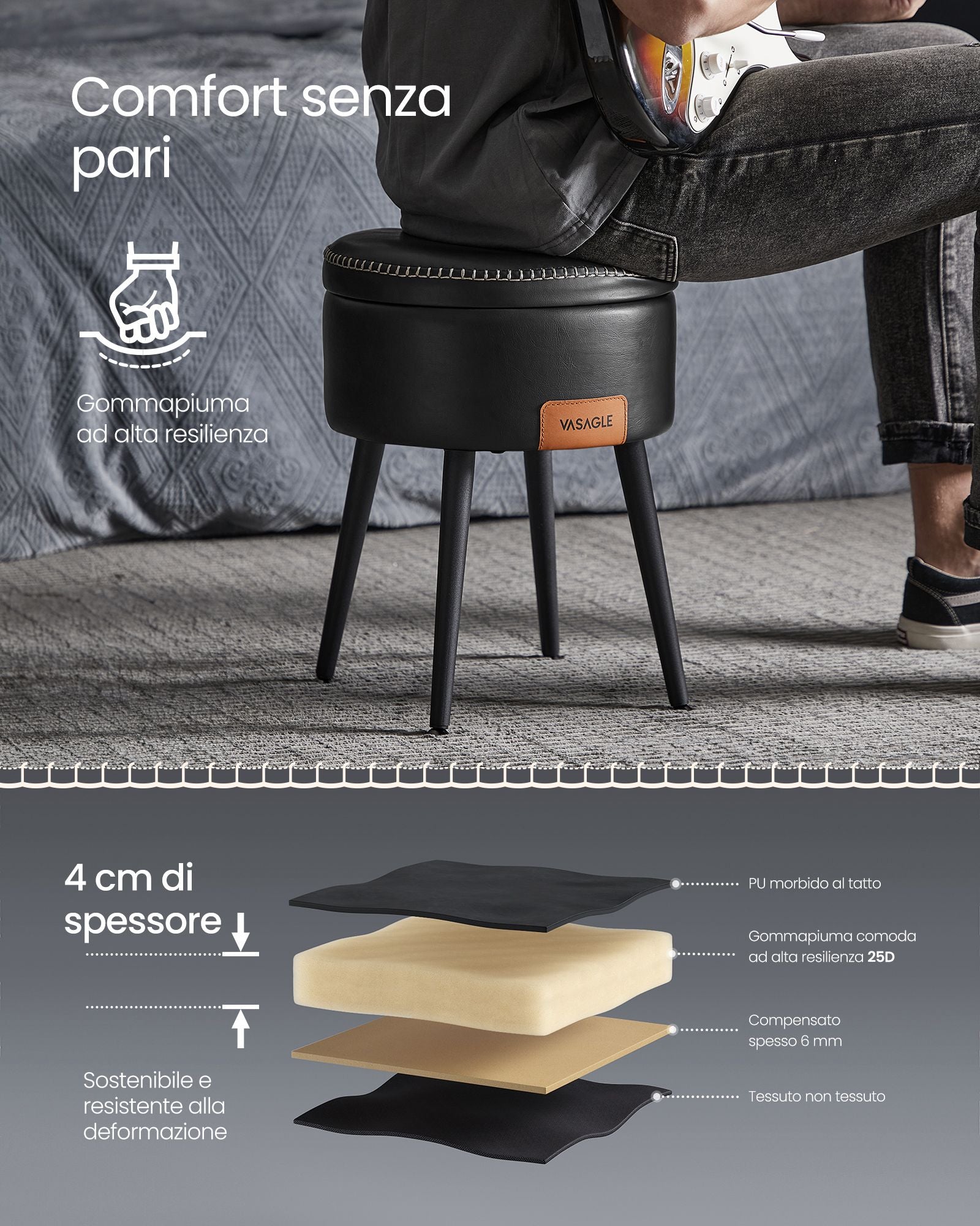 Panca, Seduta, Panchina letto, Sgabello, PU, Poggiapiedi, Gambe in acciaio, Portata 150 kg, Nero, Vasagle , 4