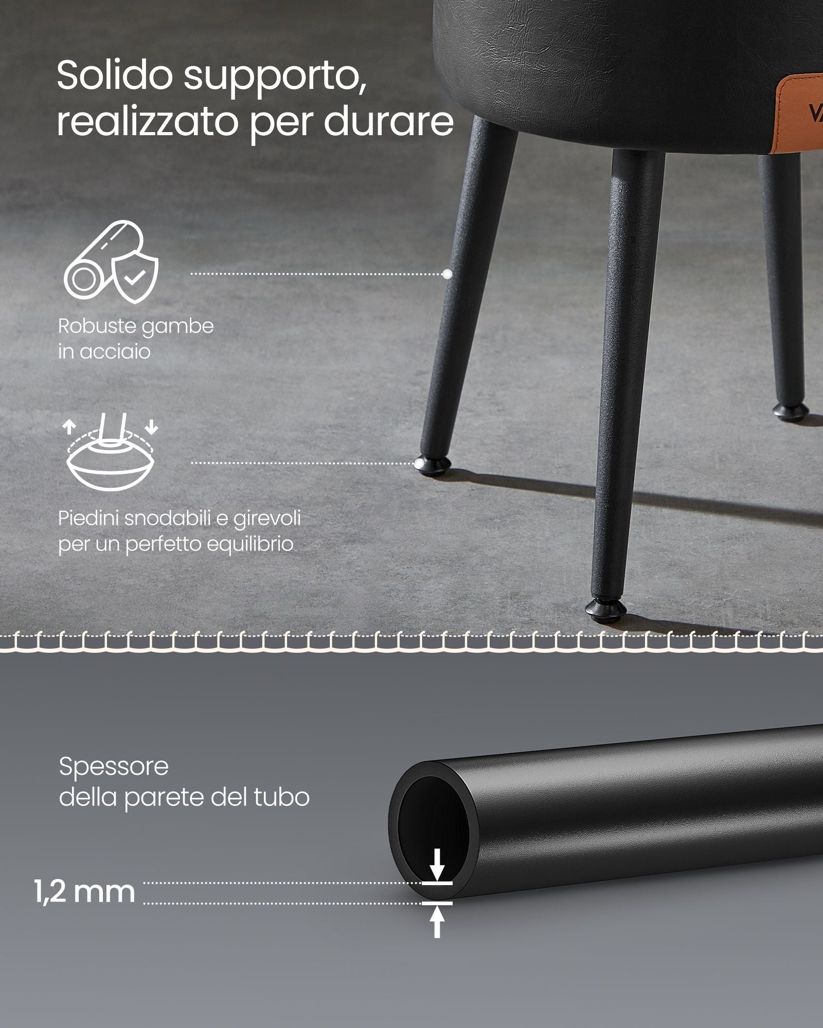 Panca, Seduta, Panchina letto, Sgabello, PU, Poggiapiedi, Gambe in acciaio, Portata 150 kg, Nero, Vasagle , 5
