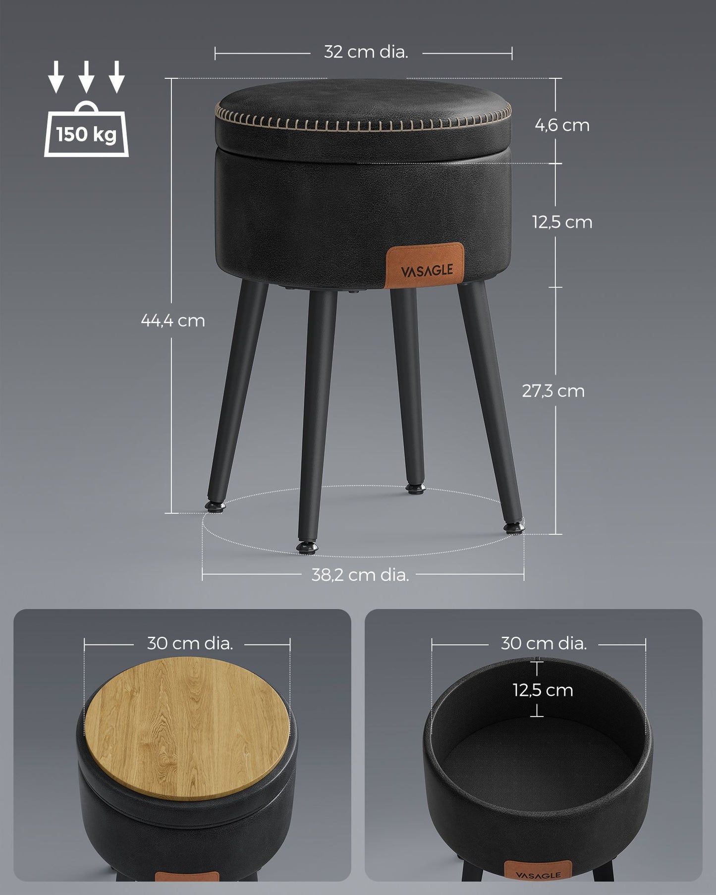 Panca, Seduta, Panchina letto, Sgabello, PU, Poggiapiedi, Gambe in acciaio, Portata 150 kg, Nero, Vasagle , 6