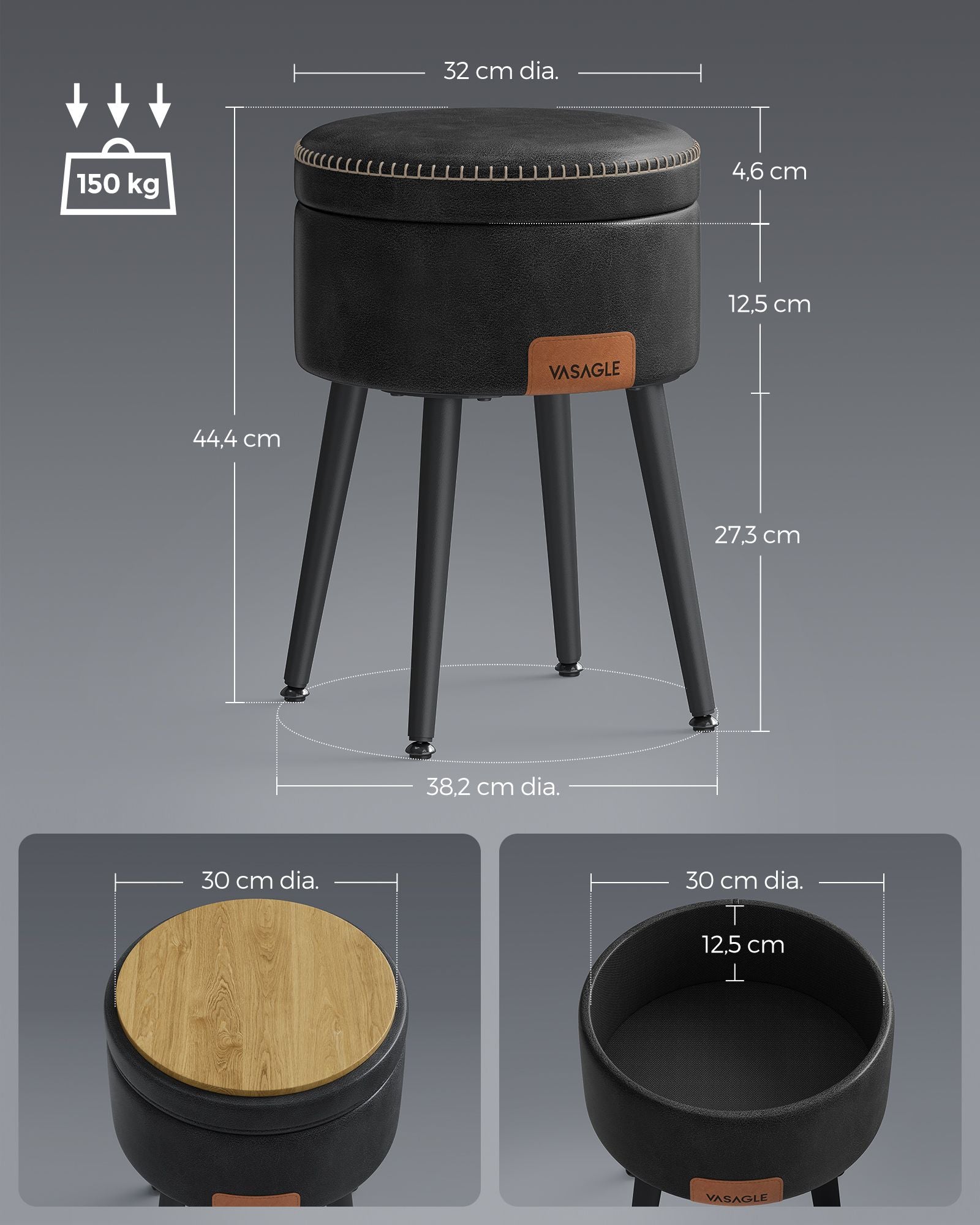 Panca, Seduta, Panchina letto, Sgabello, PU, Poggiapiedi, Gambe in acciaio, Portata 150 kg, Nero, Vasagle , 6