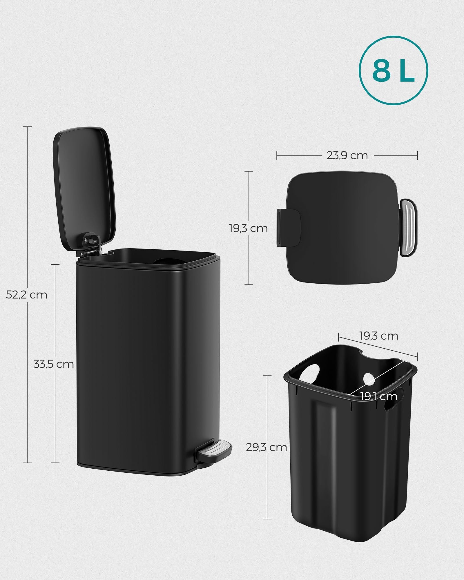 Pattumiera da cucina, Pattumiera da bagno, con coperchio, 8 litri, per piccoli spazi, chiusura ammortizzata, Songmics, 6