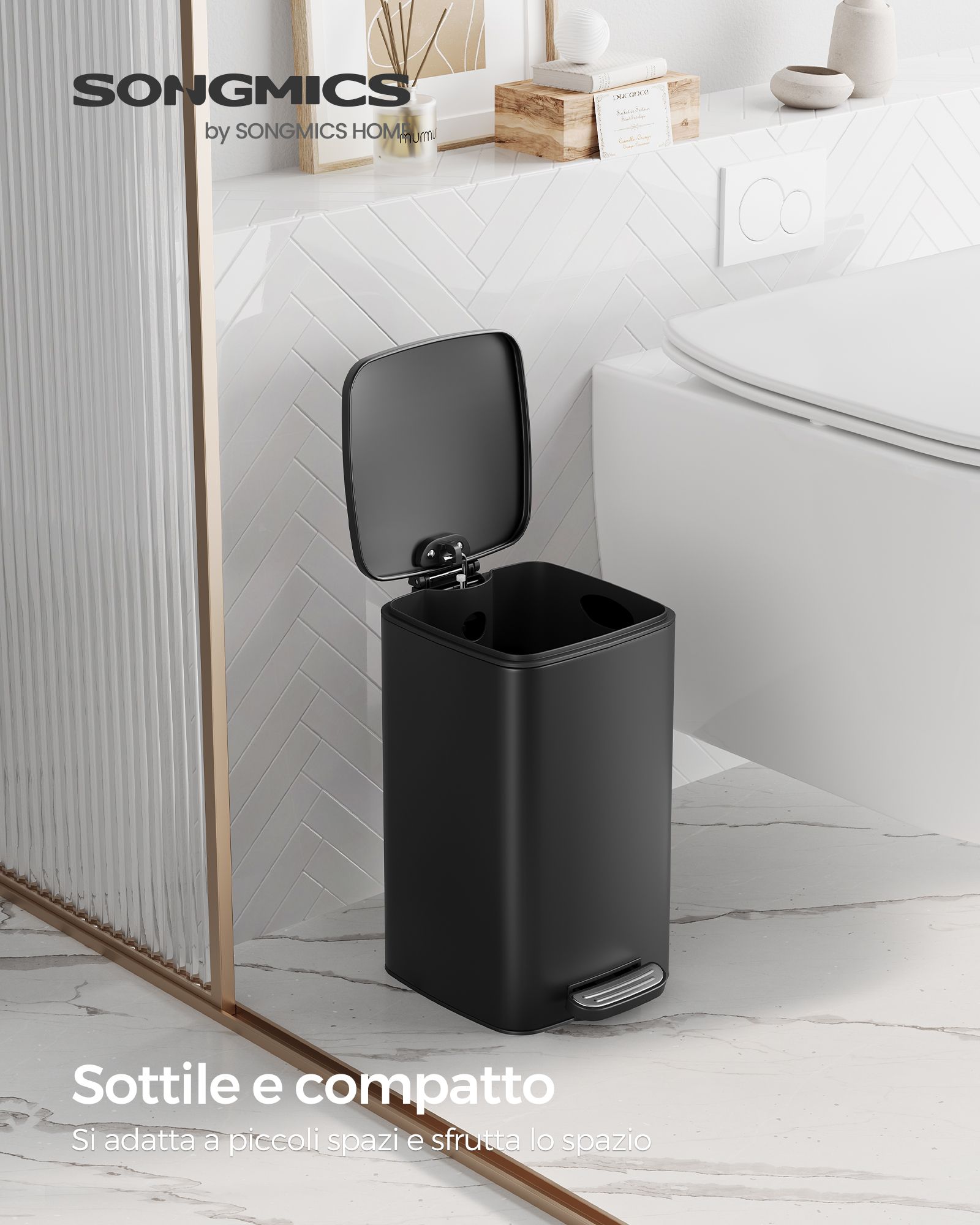 Pattumiera da cucina, Pattumiera da bagno, con coperchio, 8 litri, per piccoli spazi, chiusura ammortizzata, Songmics, 2
