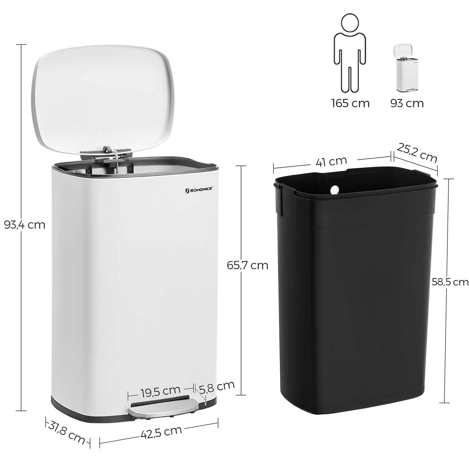 Pattumiera da cucina, Pattumiera a pedale, 50 litri, Secchio in plastica, Coperchio, Chiusura morbida, Songmics, 5