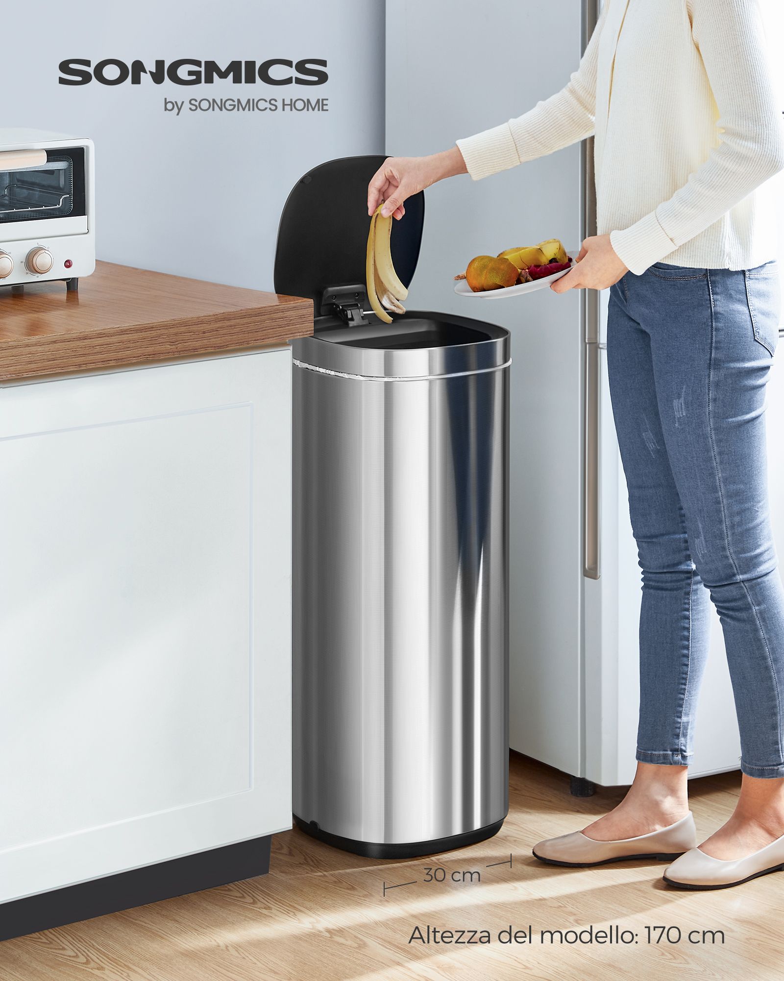 Pattumiera, Pattumiera da cucina, Pattumiera differenziata, 50 l, Sensore automatico, indicatore luminoso, Songmics, 4