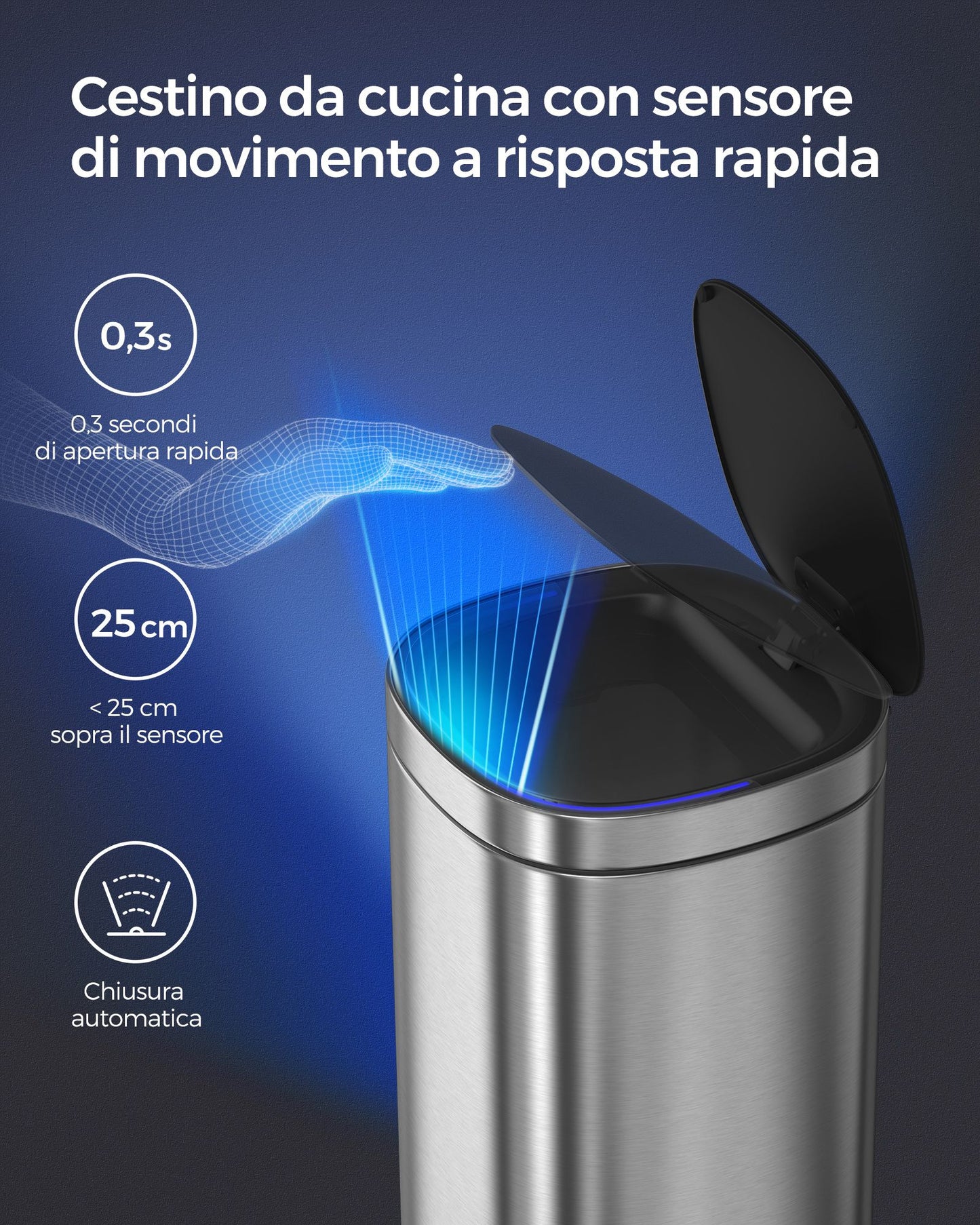 Pattumiera, Pattumiera da cucina, Pattumiera differenziata, 50 l, Sensore automatico, indicatore luminoso, Songmics, 2