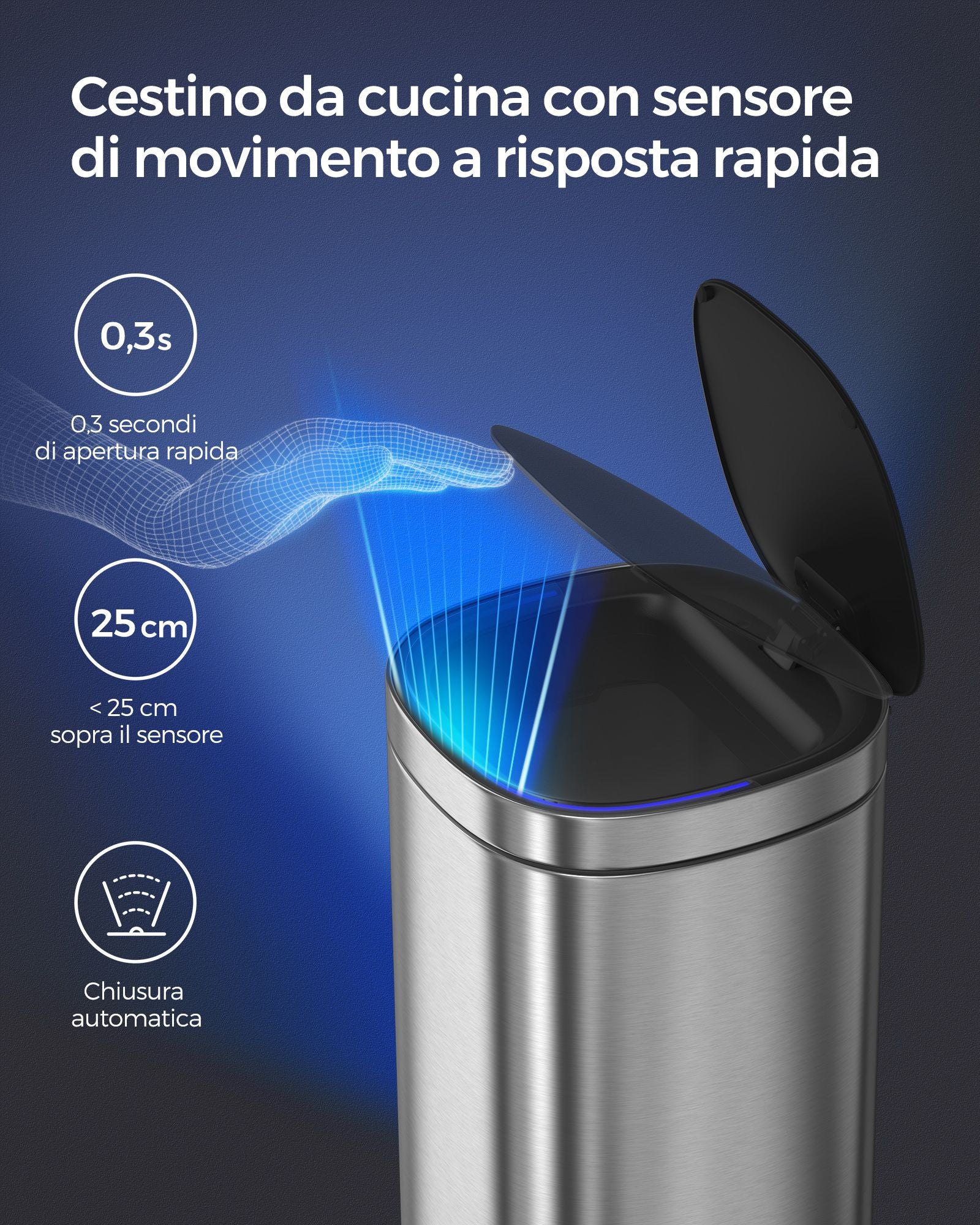 Pattumiera, Pattumiera da cucina, Pattumiera differenziata, 50 l, Sensore automatico, indicatore luminoso, Songmics, 2