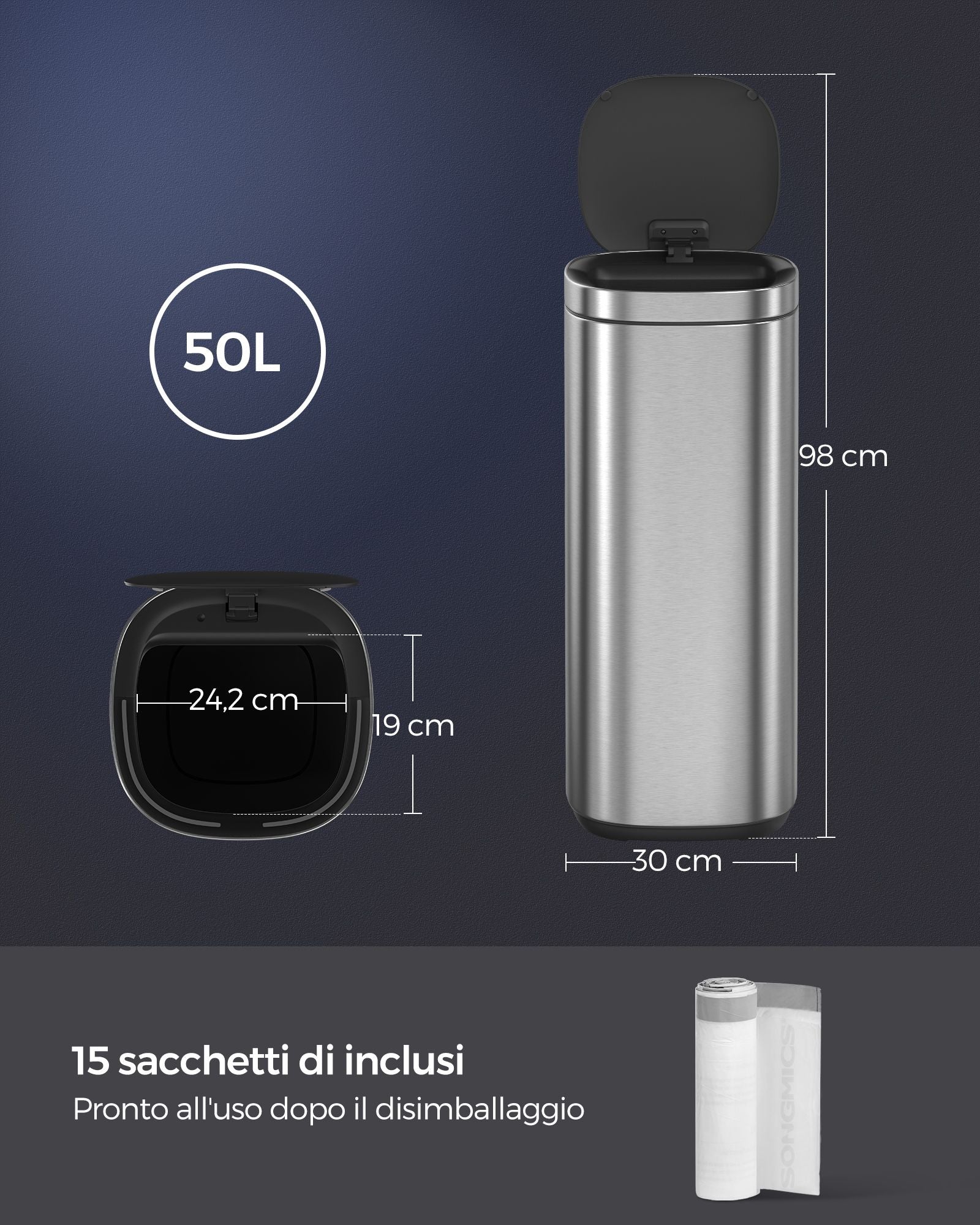 Pattumiera, Pattumiera da cucina, Pattumiera differenziata, 50 l, Sensore automatico, indicatore luminoso, Songmics, 6