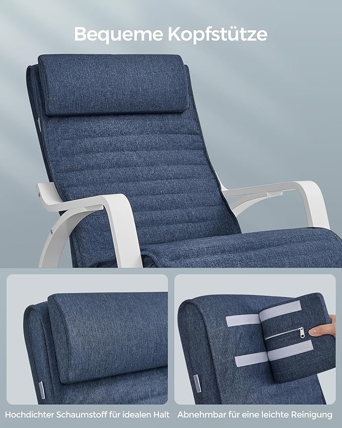 Poltrona a dondolo, Braccioli in legno di betulla, Poggiapiedi regolabile, Carico 150 kg, Blu e Bianco, Songmics, 5