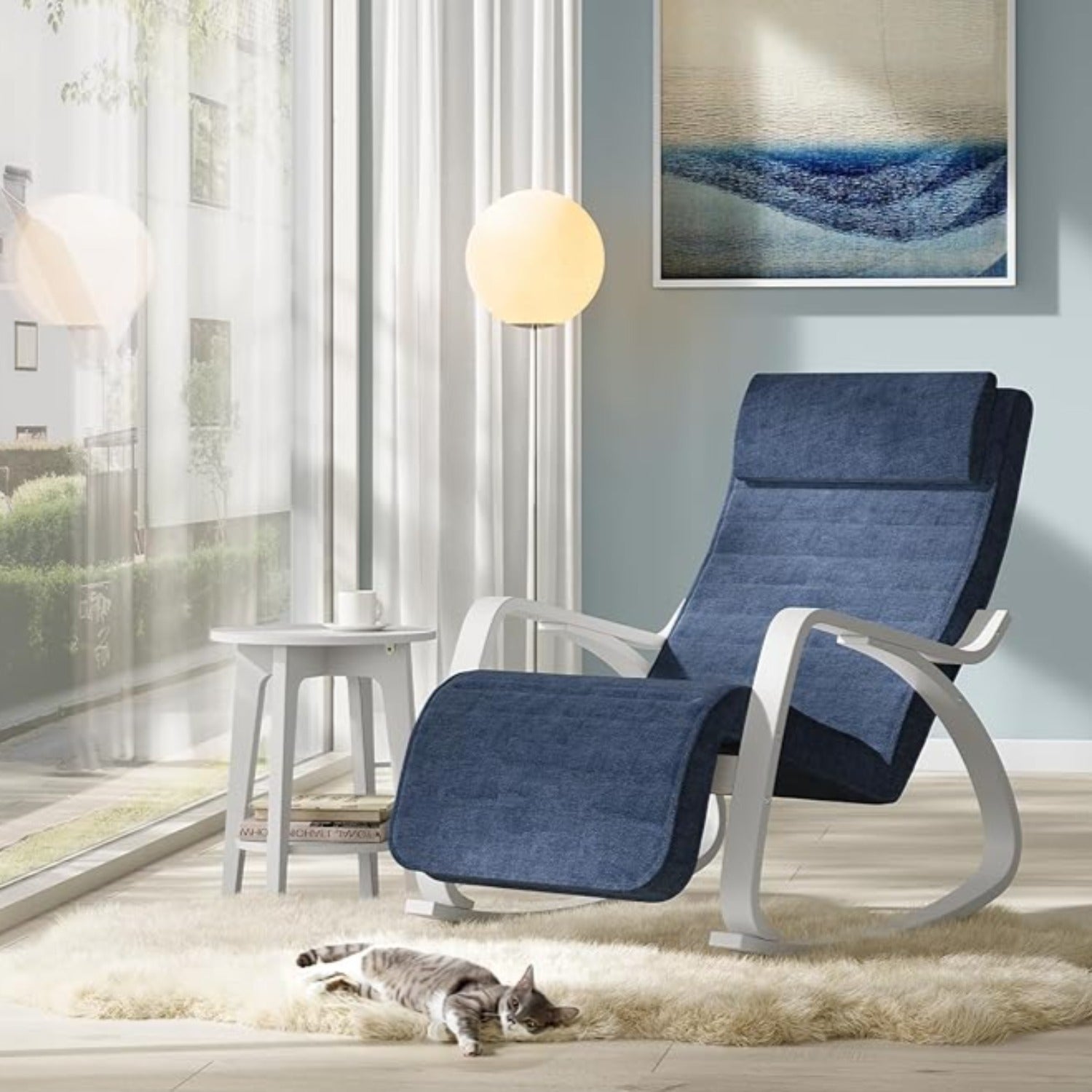 Poltrona a dondolo, Braccioli in legno di betulla, Poggiapiedi regolabile, Carico 150 kg, Blu e Bianco, Songmics