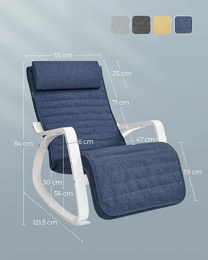 Poltrona a dondolo, Braccioli in legno di betulla, Poggiapiedi regolabile, Carico 150 kg, Blu e Bianco, Songmics, 1