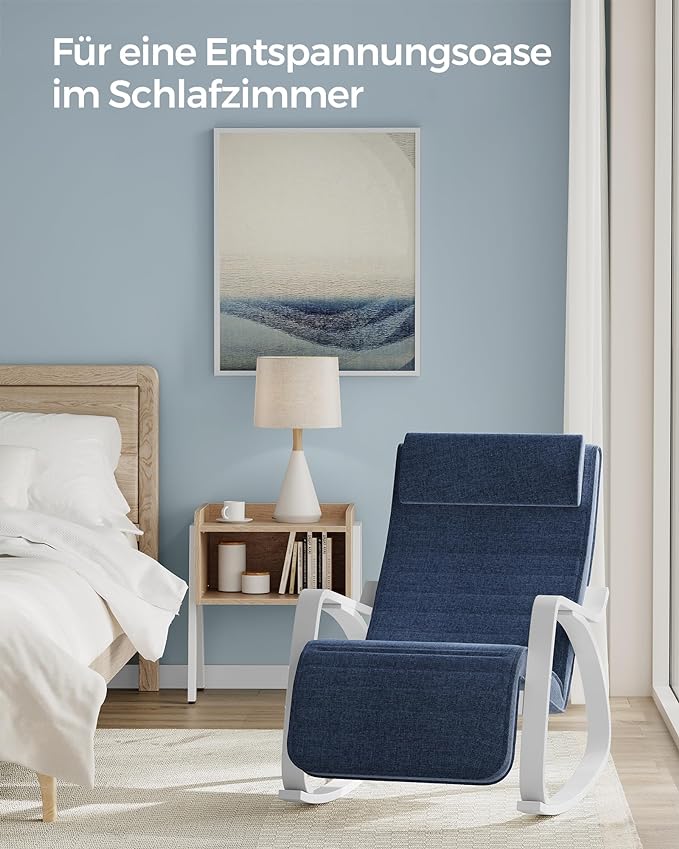 Poltrona a dondolo, Braccioli in legno di betulla, Poggiapiedi regolabile, Carico 150 kg, Blu e Bianco, Songmics, 2