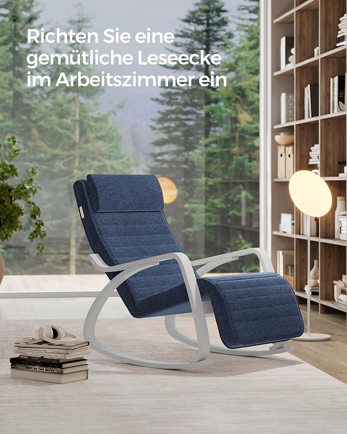 Poltrona a dondolo, Braccioli in legno di betulla, Poggiapiedi regolabile, Carico 150 kg, Blu e Bianco, Songmics, 3