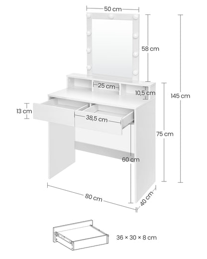 Toeletta Trucco, Postazione Trucco, Toeletta, con Specchio, Luce LED con Luminosità Regolabile, Bianco, VASAGLE, 5