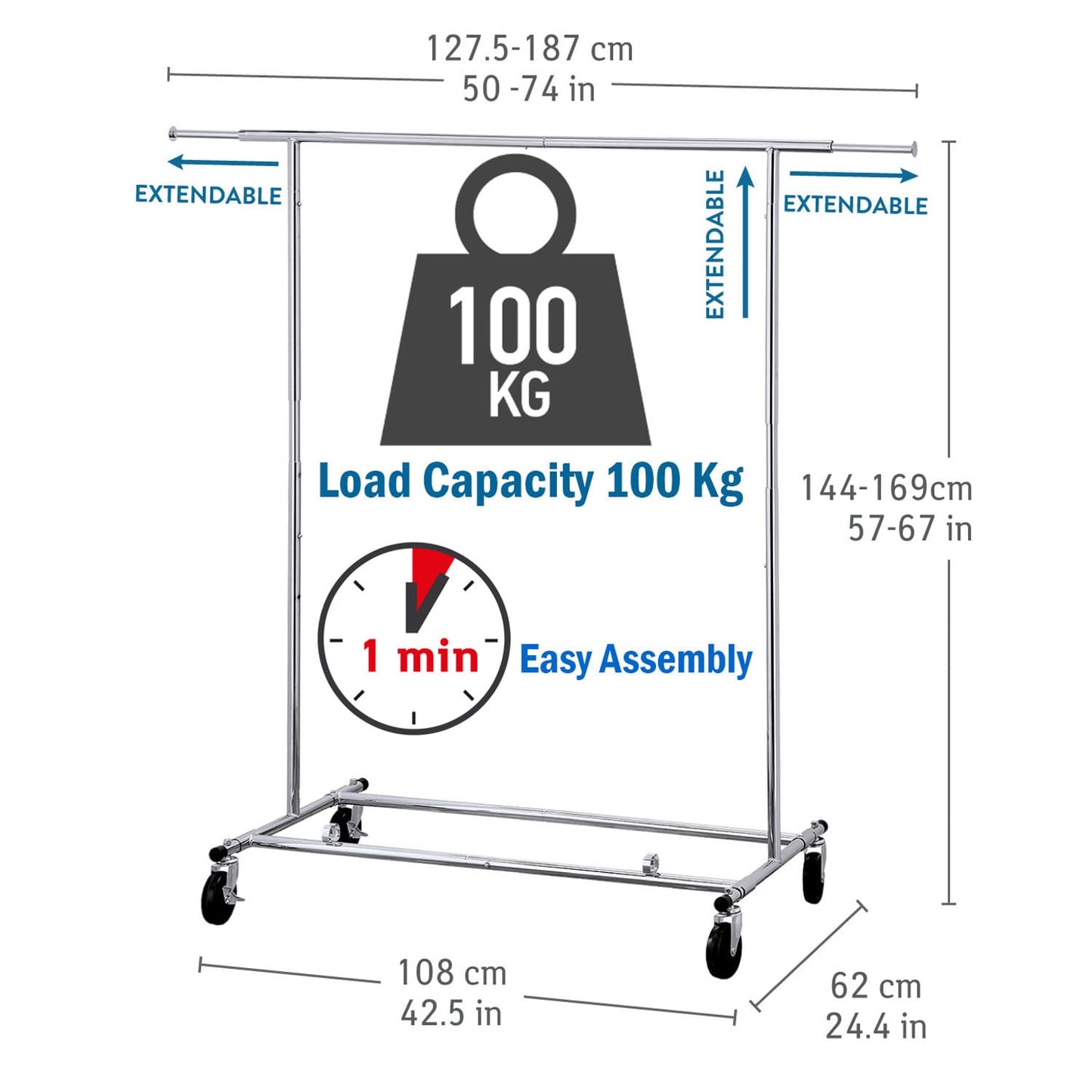 Rella Appendiabiti, Professionale, Portata 100 kg, Montaggio 1 min, Stender Appendiabiti, Tatkraft Drogo