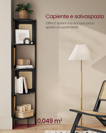 Scaffale Angolare a 5 Ripiani, Libreria con Lati in Polyrattan, Libreria Alta, Aperto libreria, Nero Ebano, VASAGLE, 1