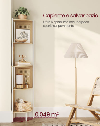 Scaffale Angolare a 5 Ripiani, Libreria con Lati in Polyrattan, Libreria Alta, Aperto libreria, Beige Rovere, VASAGLE, 1