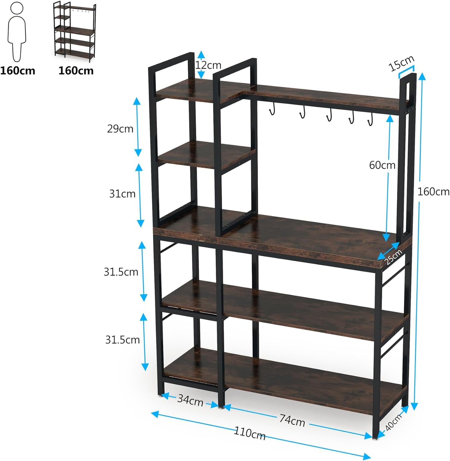 Scaffale da Cucina, Supporto per Forno a Microonde, Portaoggetti a 5 Ripiani con 10 Ganci per Bar, Marrone, Tribesigns, 7