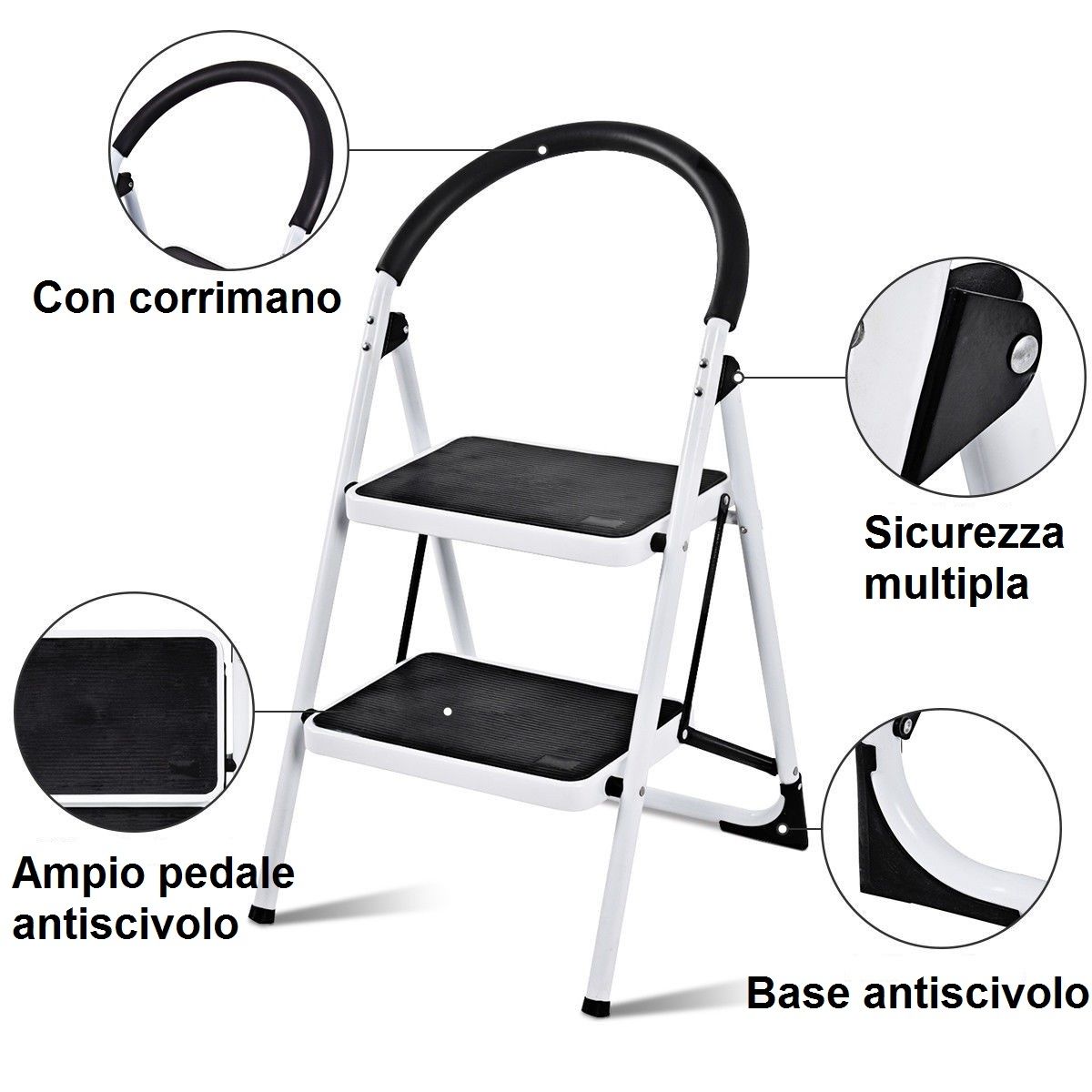 Scala Pieghevole, Scala Pieghevole Ferro, Scaletta con Piedini Antiscivolo e poggiapiedi, Portata 150kg, Costway, 7