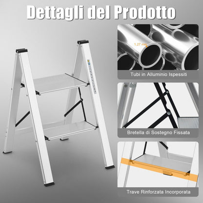 Scala Pieghevole, Scala Pieghevole Alluminio, Scaletta con Piedini Antiscivolo e poggiapiedi, Portata 150kg, Costway, 11