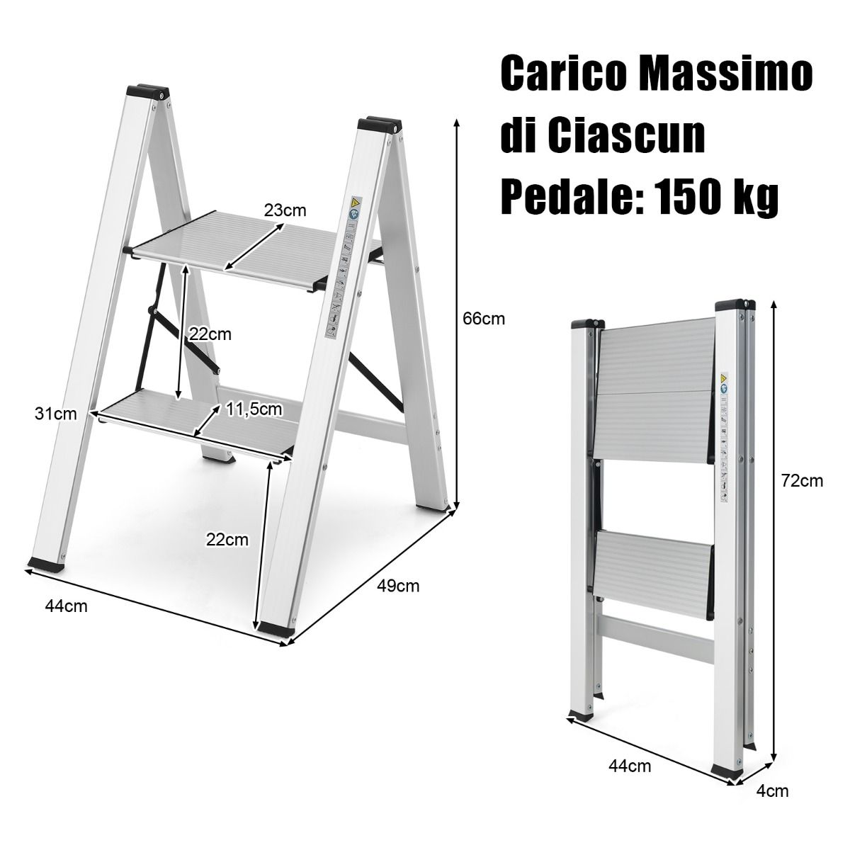 Scala Pieghevole, Scala Pieghevole Alluminio, Scaletta con Piedini Antiscivolo e poggiapiedi, Portata 150kg, Costway, 6