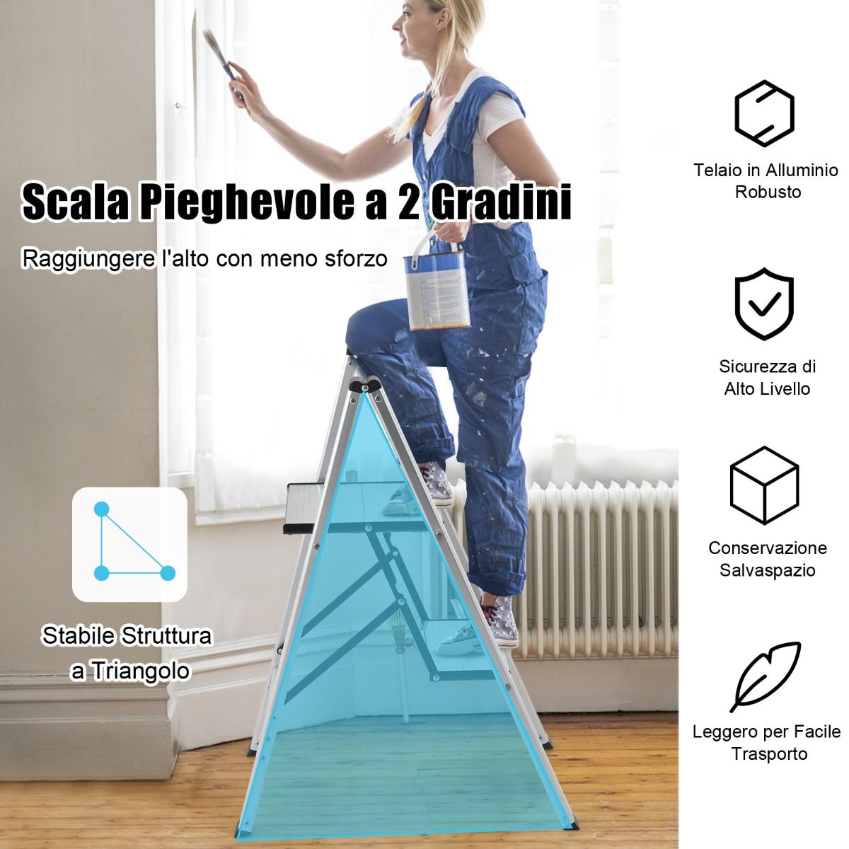 Scala Pieghevole, Scala Pieghevole Alluminio, Scaletta con Piedini Antiscivolo e poggiapiedi, Portata 150kg, Costway, 7