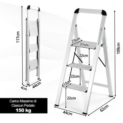 Scala Pieghevole, Scala Pieghevole Alluminio, Scaletta con Piedini Antiscivolo e poggiapiedi, Portata 150kg, Costway, 6