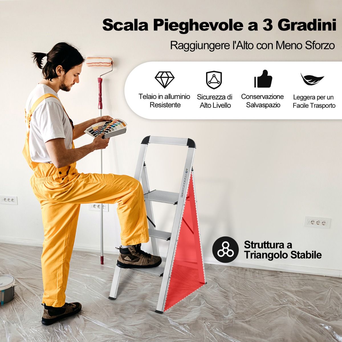 Scala Pieghevole, Scala Pieghevole Alluminio, Scaletta con Piedini Antiscivolo e poggiapiedi, Portata 150kg, Costway, 7