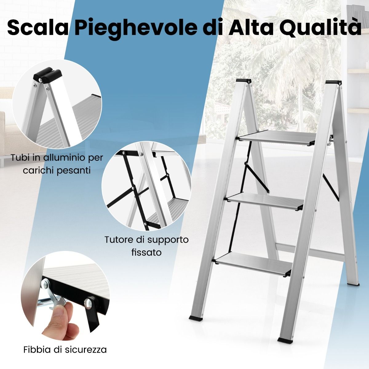 Scala Pieghevole, Scala Pieghevole Alluminio, Scaletta con Piedini Antiscivolo, Argento, Costway, 10