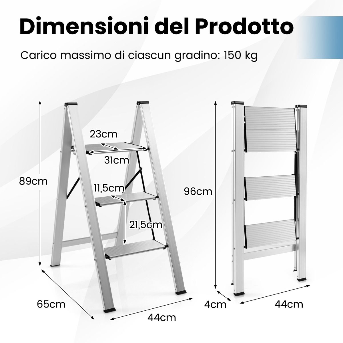 Scala Pieghevole, Scala Pieghevole Alluminio, Scaletta con Piedini Antiscivolo, Argento, Costway, 6