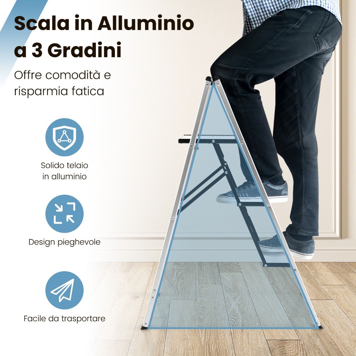 Scala Pieghevole, Scala Pieghevole Alluminio, Scaletta con Piedini Antiscivolo, Argento, Costway, 7