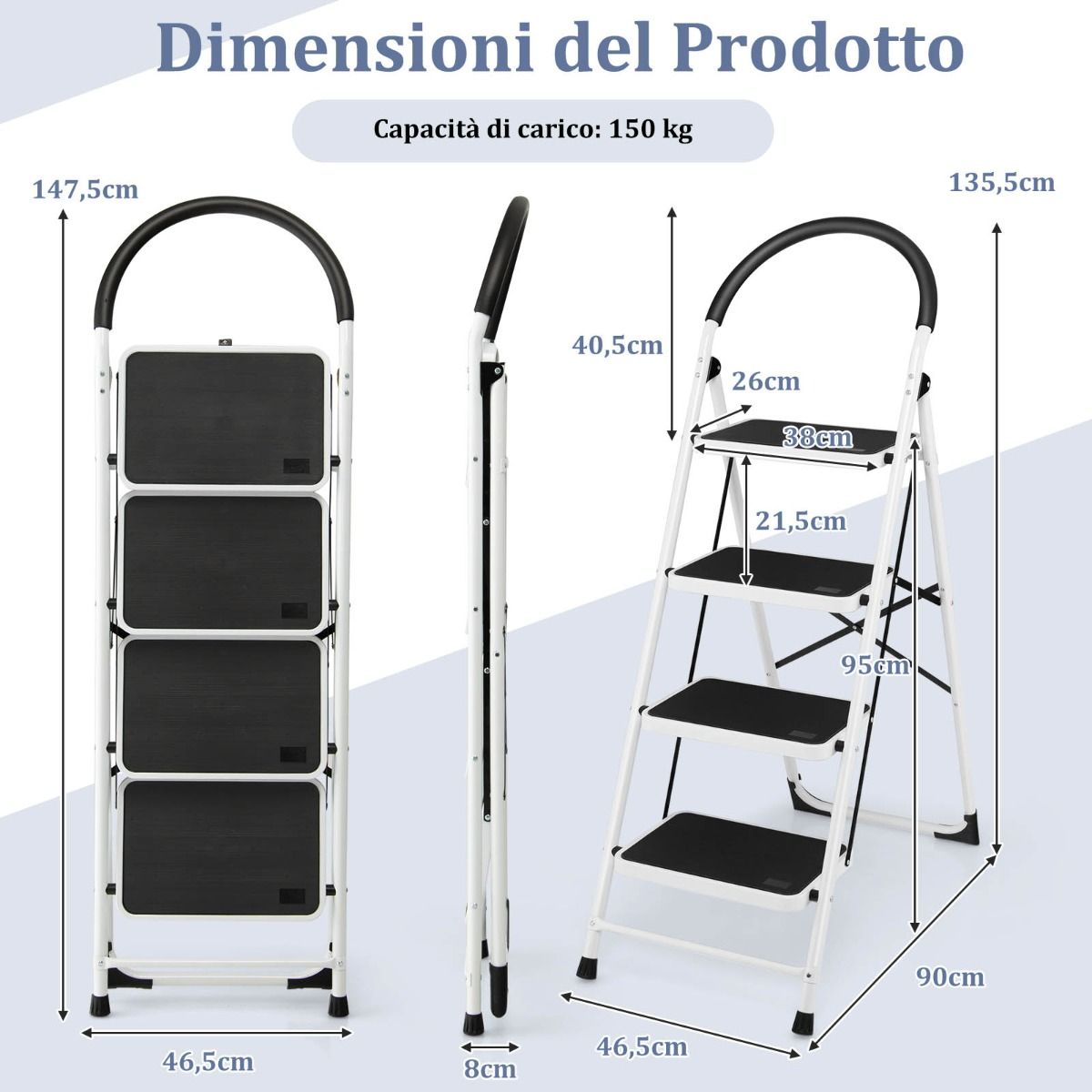 Scala Pieghevole, Scala Pieghevole Metallo, Scaletta con Piedini Antiscivolo, Scala a 4 gradini, Portata 150kg, Costway, 7