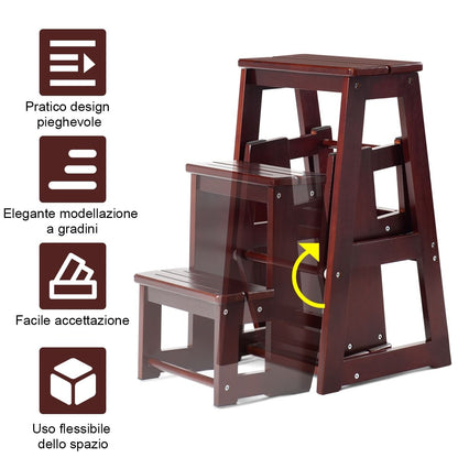 Scala Pieghevole, Scala Pieghevole Pino Multiuso, Sgabello Scaletta a 3 Gradini, Portata 130kg, Caffè, Costway, 6