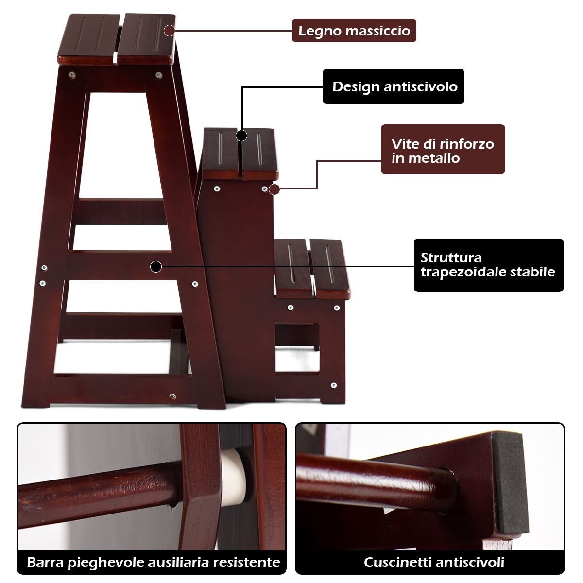 Scala Pieghevole, Scala Pieghevole Pino Multiuso, Sgabello Scaletta a 3 Gradini, Portata 130kg, Caffè, Costway, 7