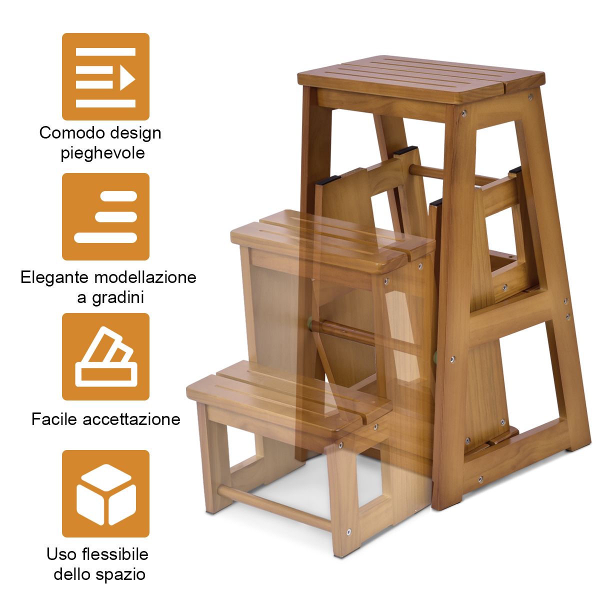 Scala Pieghevole, Scala Pieghevole Pino Multiuso, Sgabello Scaletta a 3 Gradini, Portata 130kg, Naturale, Costway, 6